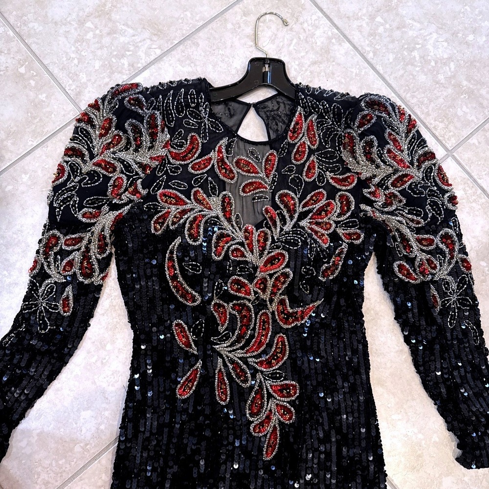 Vintage 80s Black Sequin Red Floral Beaded Illusion Maxi Gown Long Sleeve Dress